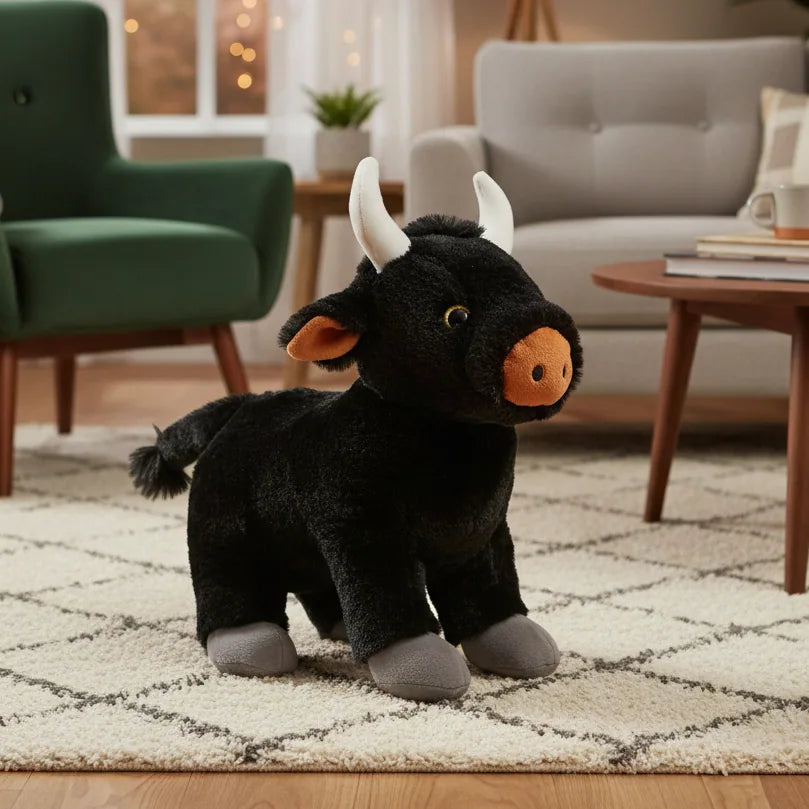 Peluche toro negro con cuernos blancos