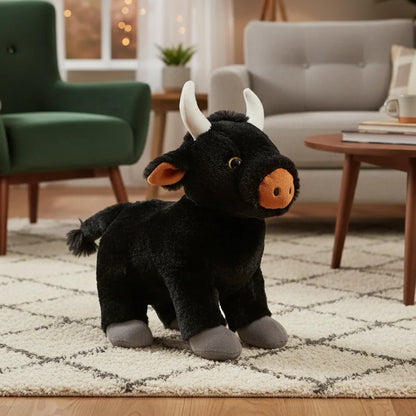 Peluche toro negro con cuernos blancos